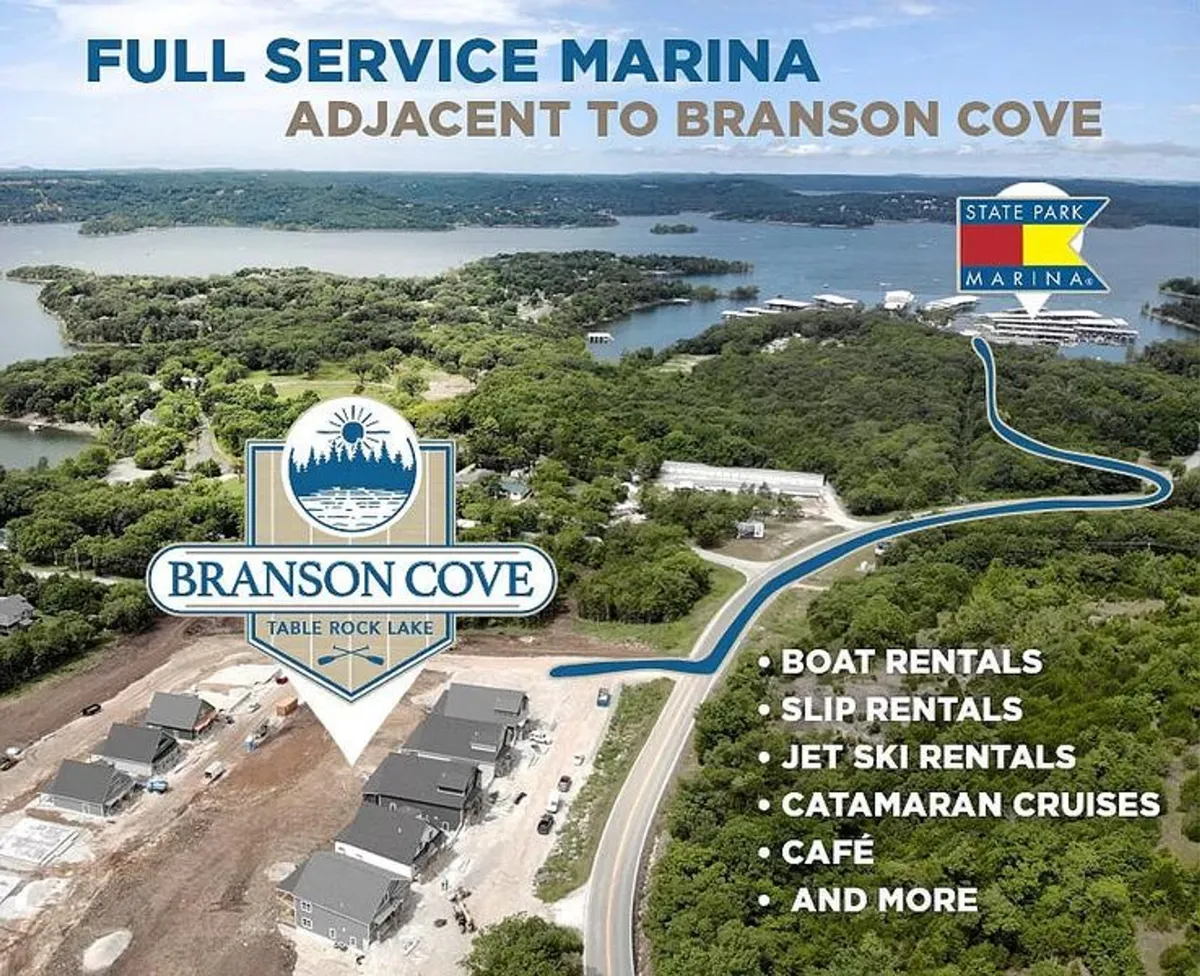 An inviting marina scene featuring the Branson Cove logo, scenic views of Table Rock Lake, well-maintained marina facilities, and surrounding greenery. The image hints at opportunities for boat, kayak, and paddleboard rentals.